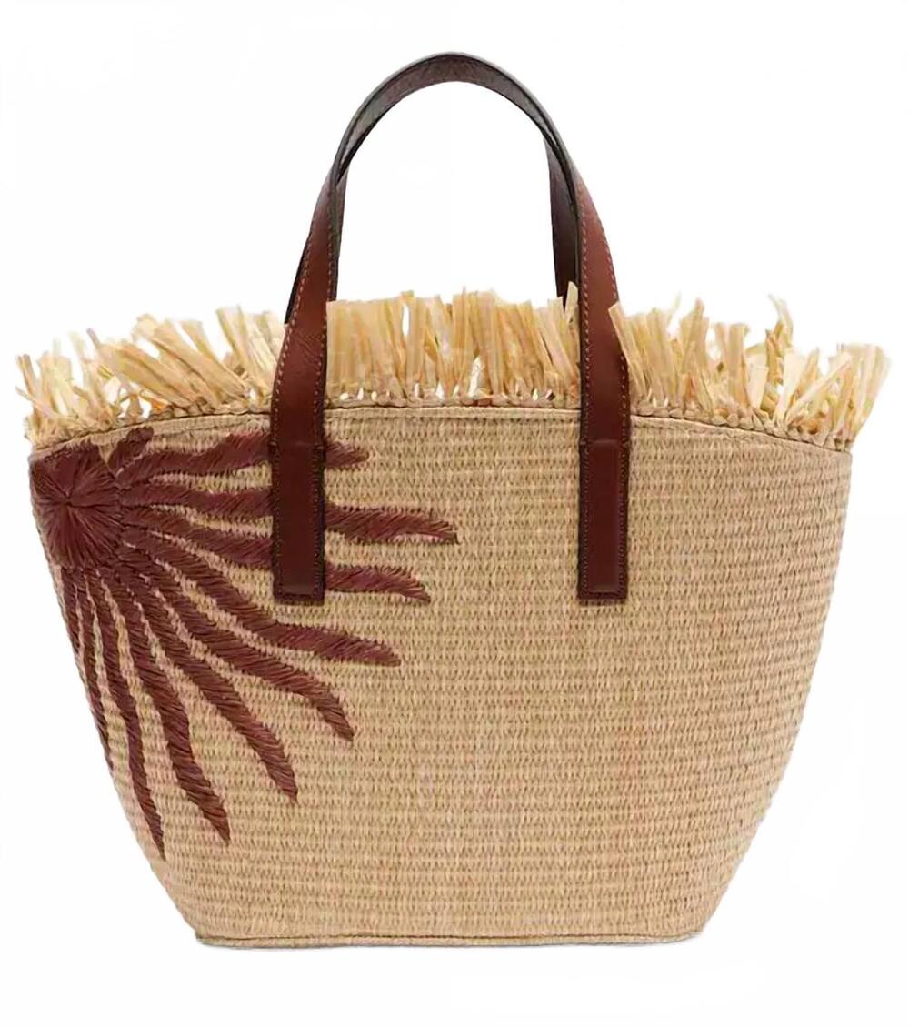 NEW FARM RIO women's fringed leather-trimmed raffia tote bag in beige